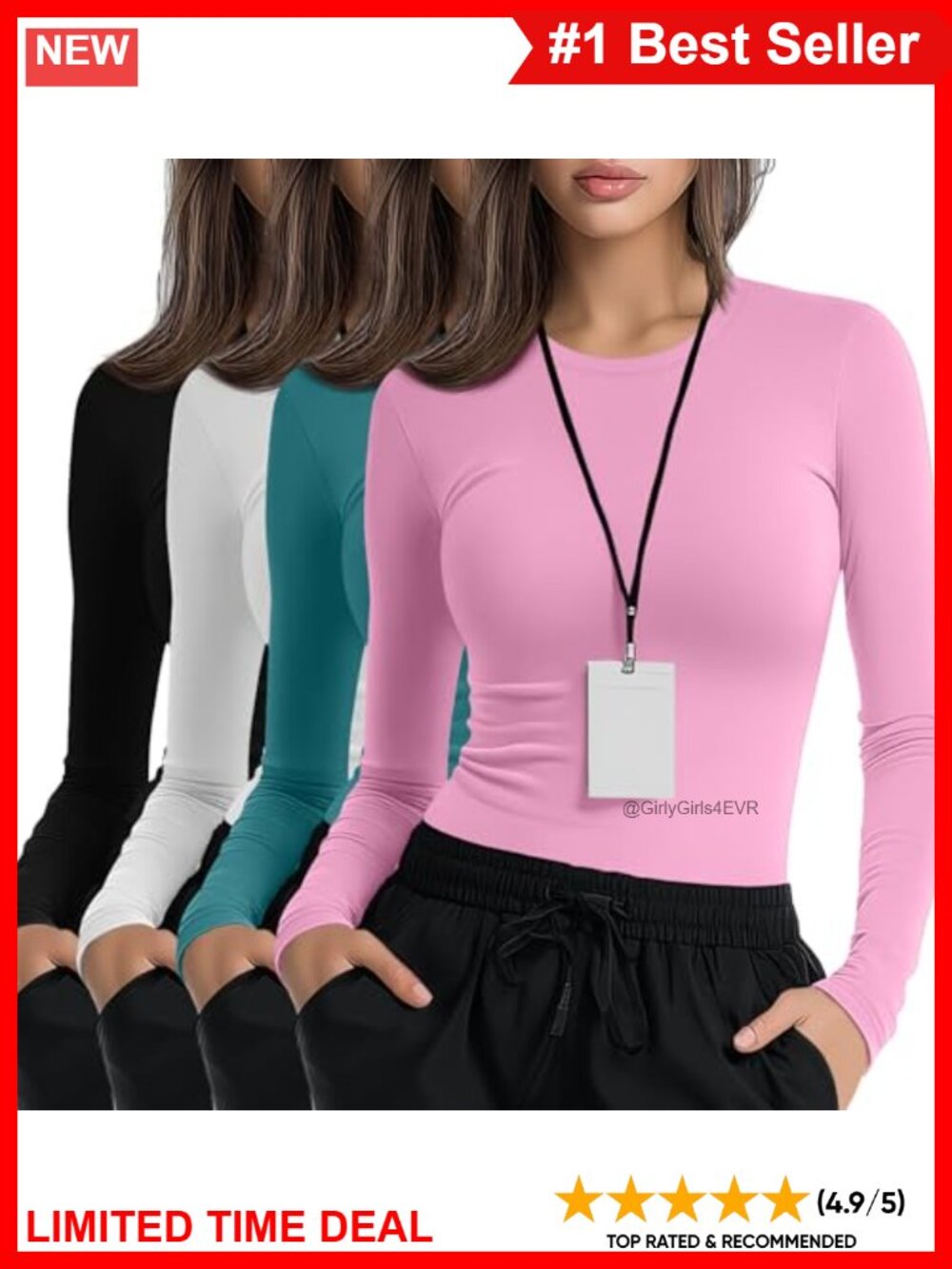 Women's 4 Pack Underscrub Long Sleeve Slim Fit Crew Neck Nurse Shirts